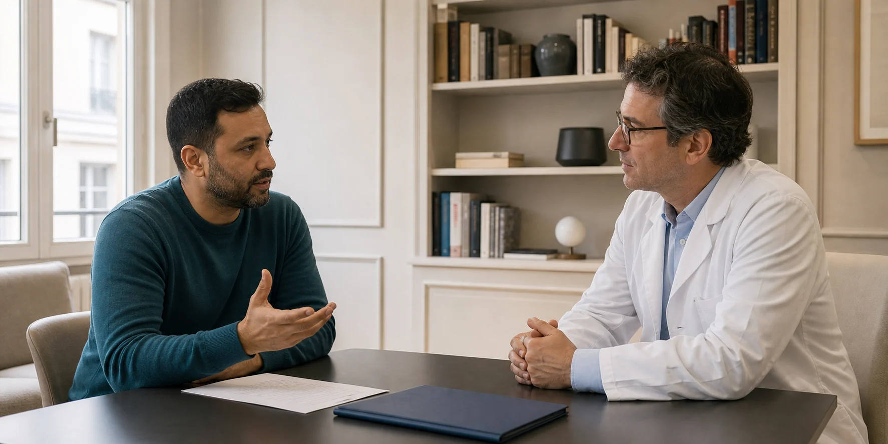 A patient asks a question while a physician listens attentively in a quiet consultation room
